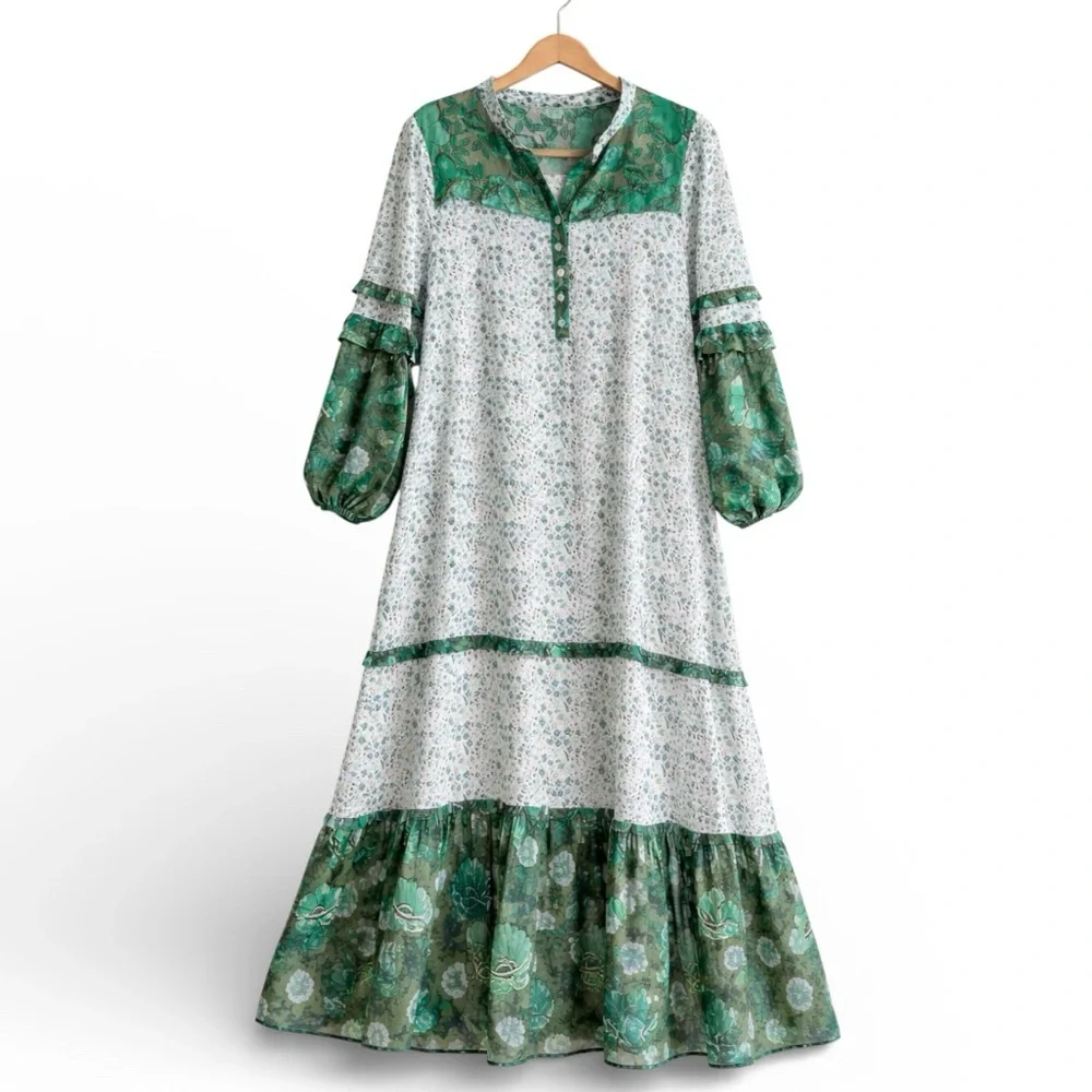 R Vivimos Green Floral Boho Maxi Dress Size L 12/14 Long Sleeve Side Slit - Picture 3 of 5